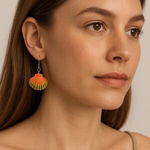 542- Shell Hand Painted Orange Green Gold Color Dangle Earrings Handmade…